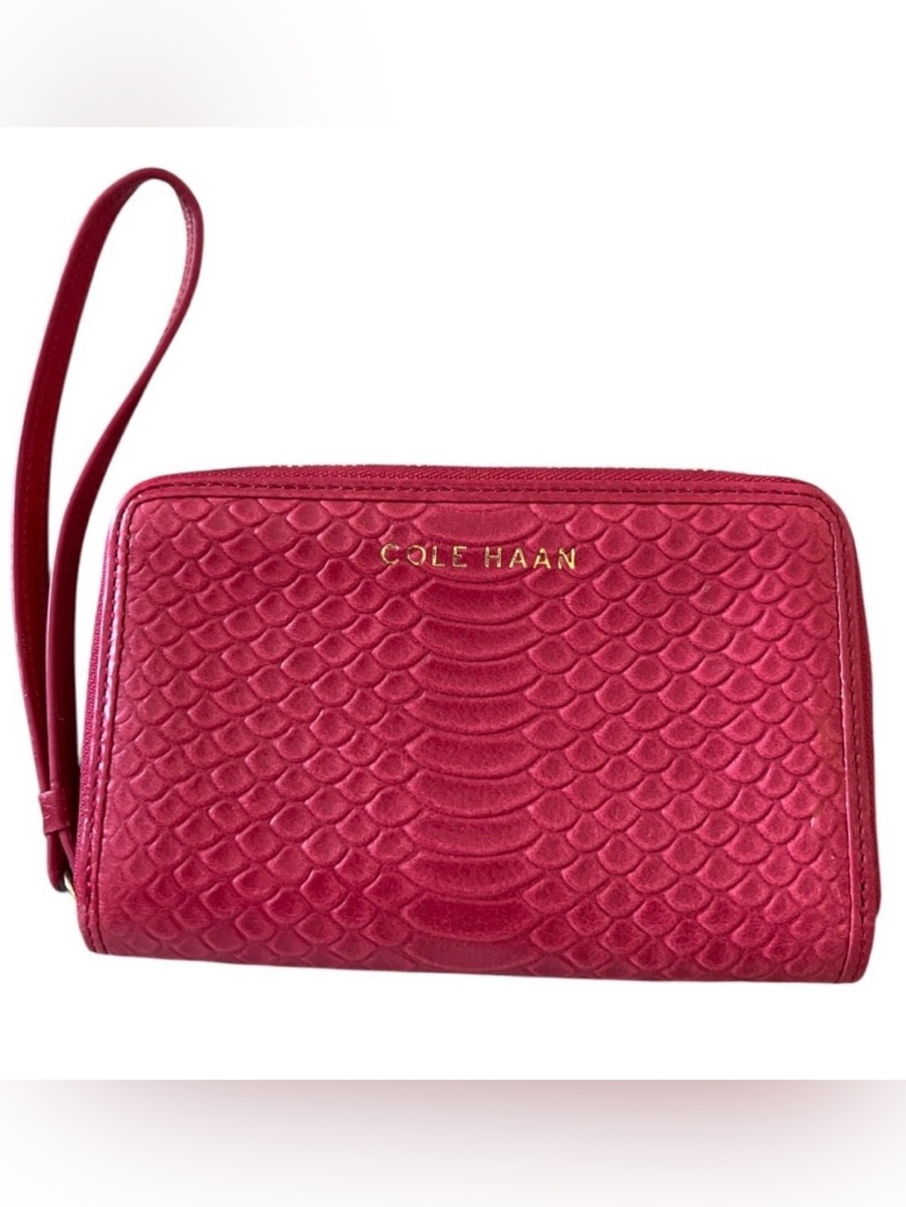 Cole Haan women’s small crocodile print wrap around zip fuchsia wristlet Wallet